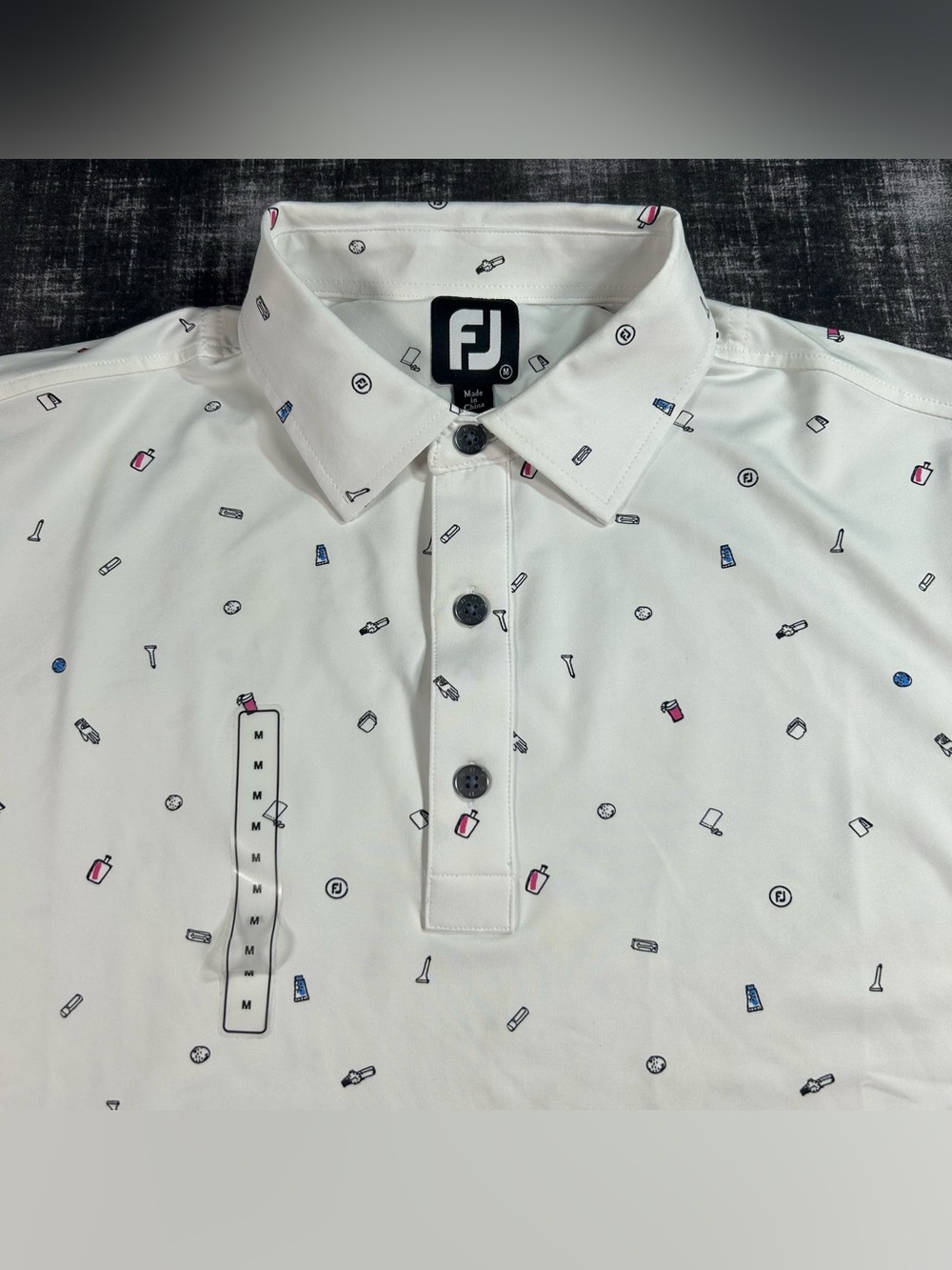 NWOT FootJoy FJ Polo Mens Medium White Golfbag Doodle Print Lisle Athletic Shirt